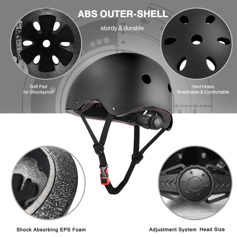 Besmall Adjustable Skateboard Skate Helmet with Protective Gear Knee Pads Elbow Pads Wrist Pads for Youth Outdoor Sports, BMX, Skateboard, Scooter, Bike, Roller, Kid's Protective Gear Set Black L - Image 2